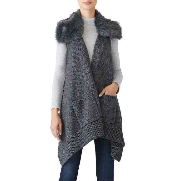 KaufmanFranco Carbon Gray Wool Alpaca Knit Sleeveless Faux Fur Collar Vest L - Picture 1 of 5